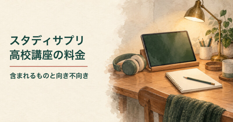 タブレットとヘッドホン、ノートを描いた、スタディサプリ高校講座の料金とサービス内容を紹介する水彩イラスト。