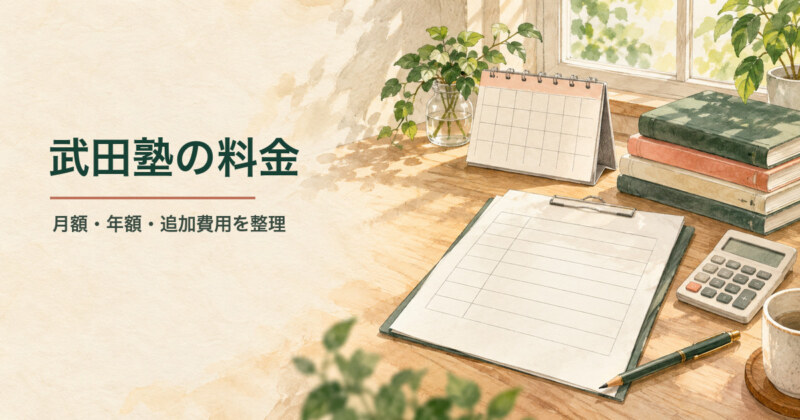 武田塾の料金を考えるための、見積書・カレンダー・参考書のイラスト