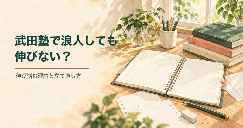 武田塾で浪人しても伸びない？ 伸び悩む理由と立て直し方。学習計画ノートと参考書の水彩イラスト