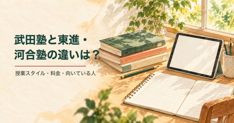 『武田塾と東進・河合塾の違いは？／授業スタイル・料金・向いている人』の文字と、参考書・タブレット・ノートの水彩イラスト