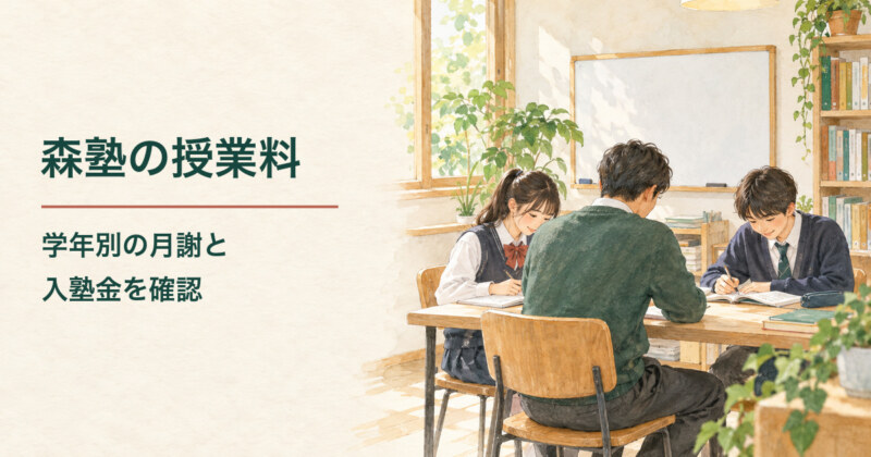 森塾の学年別の授業料と入塾金を確認。講師役と生徒役の人物による個別指導のイメージを描いた水彩イラスト。実在の教室や人物を描いたものではありません。