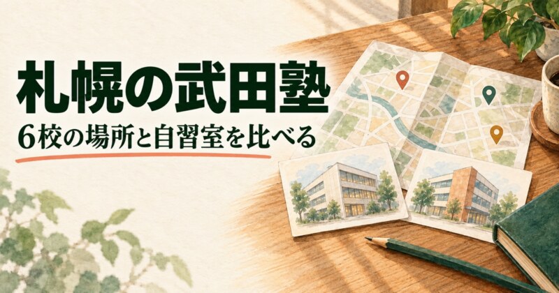 札幌の武田塾｜6校の場所と自習室を比べる。折り地図と架空の校舎カードを見比べる水彩イラスト