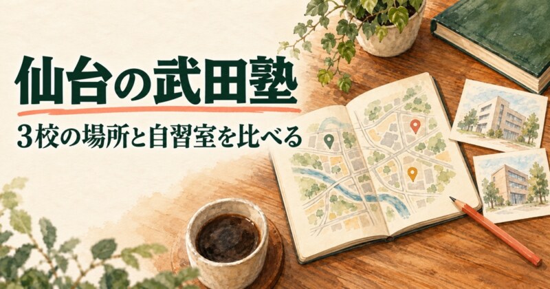 仙台の武田塾｜3校の場所と自習室を比べる。ノートの地図と架空の校舎カードを見比べる水彩イラスト