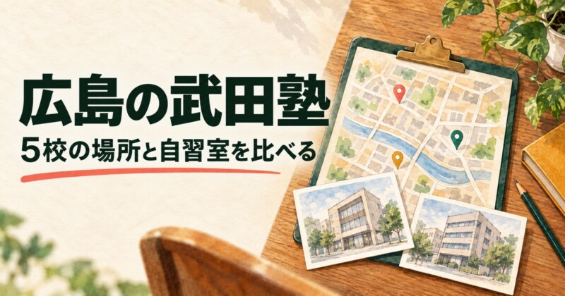広島の武田塾｜5校の場所と自習室を比べる。クリップボードの地図と架空の校舎カードを見比べる水彩イラスト