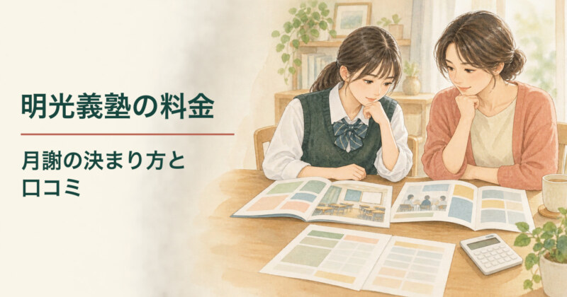 明光義塾の料金、月謝の決まり方と口コミ。高校生と保護者が家庭のテーブルで塾のパンフレットや料金の資料を見ながら相談する水彩イラスト。