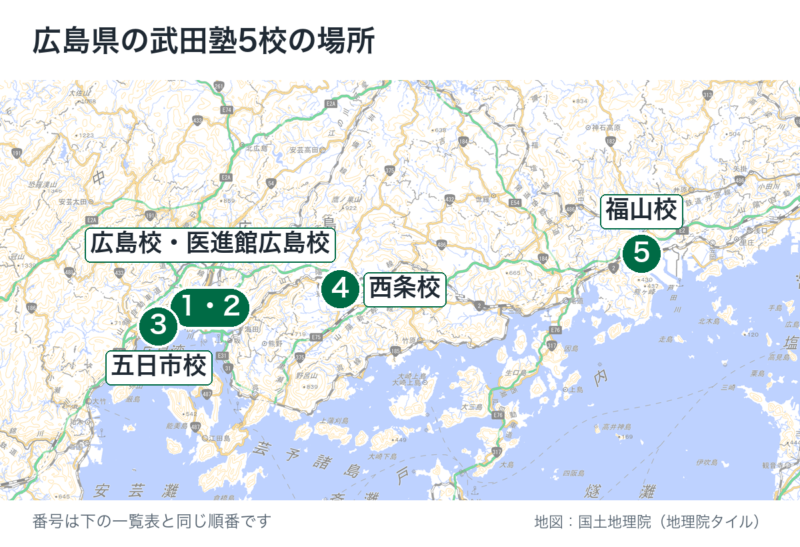 広島県の武田塾5校の場所を示した地図。1広島校と2医進館広島校（同じビル、JR広島駅南口）、3五日市校（JR五日市駅）、4西条校（JR西条駅、東広島市）、5福山校（JR福山駅）