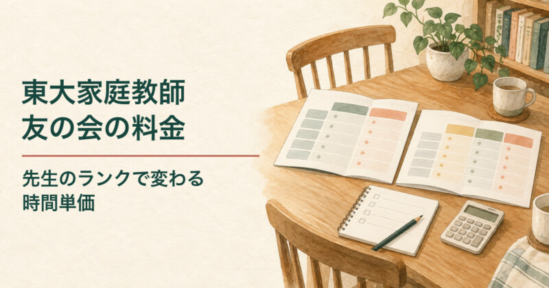 家庭教師を検討する家庭のテーブルに比較用の資料、チェックリスト、電卓を広げた水彩イラスト。東大家庭教師友の会の料金と、先生のランクで変わる時間単価を紹介。